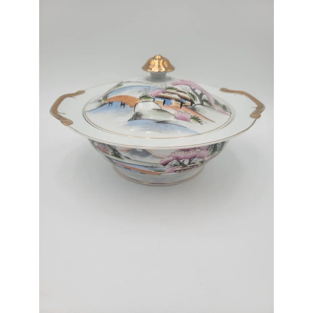 Kutani China Tureen Japan Bridge Textured pink trees KUT21‎ bowl lid AS-IS